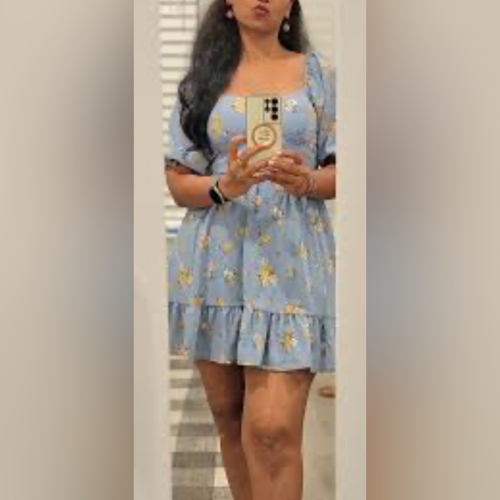 Inspired Hearts Blue and Yellow Floral Puff Sleeve Dress - Picture 4 of 4